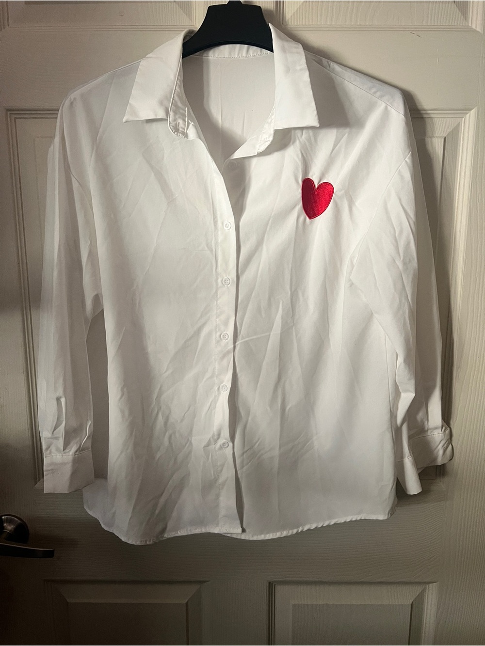 White Button-Up Shirt with Red Heart Detail -SIZE LARGE
